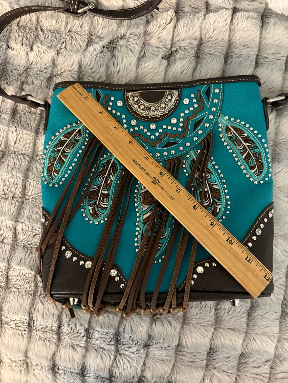 Teal and Brow Fringe purse with Studded Detail - Picture 5 of 7